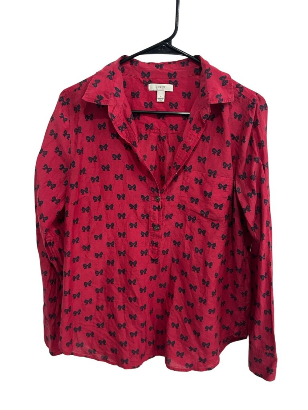J.Crew 8 Red Long Sleeve Shirt Black Bow Print Romanticcore Whimsical